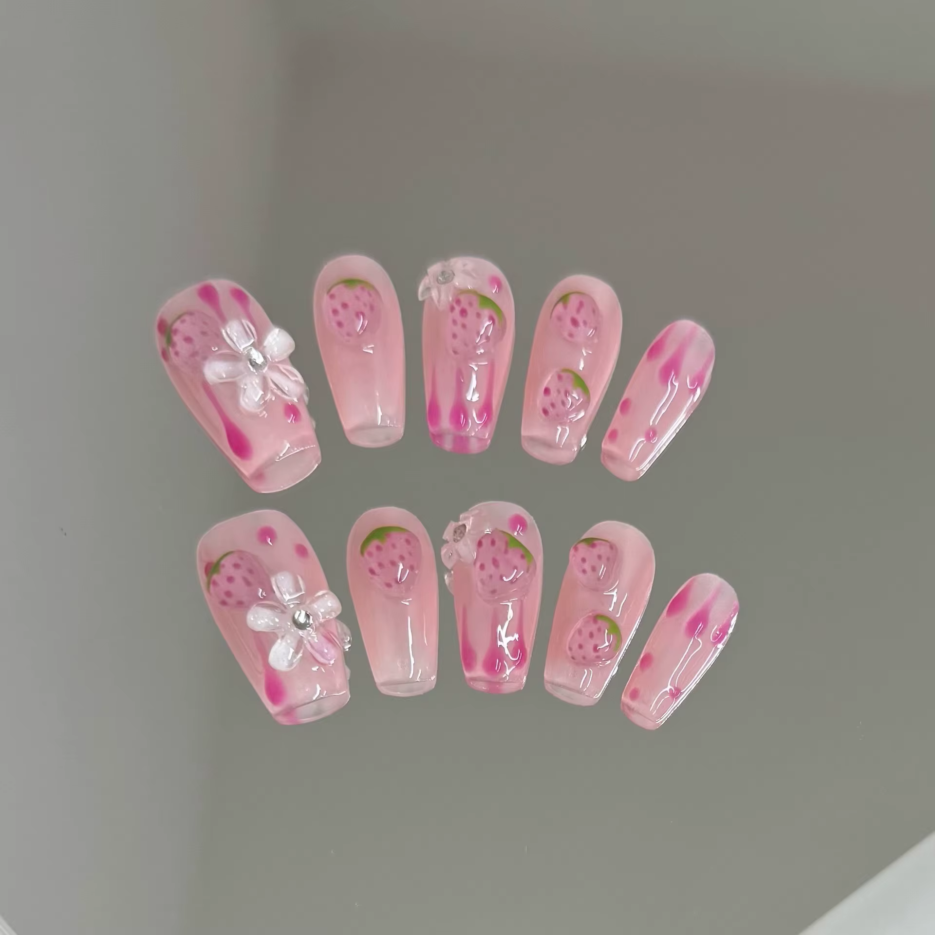 10 pièces à la main fruits d'été faux ongles avec outils 3d citron dessin animé fraise réaliste faux