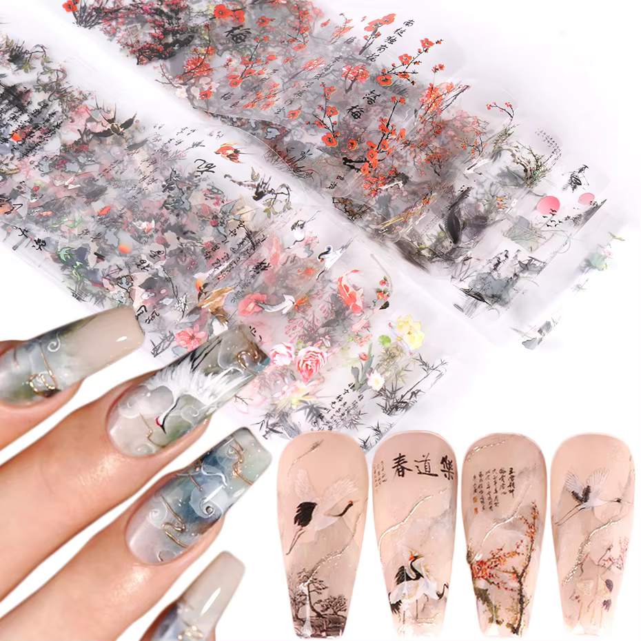 10 pièces feuilles à ongles caractère chinois grue bambou or poisson fleur Style chinois curseur aut