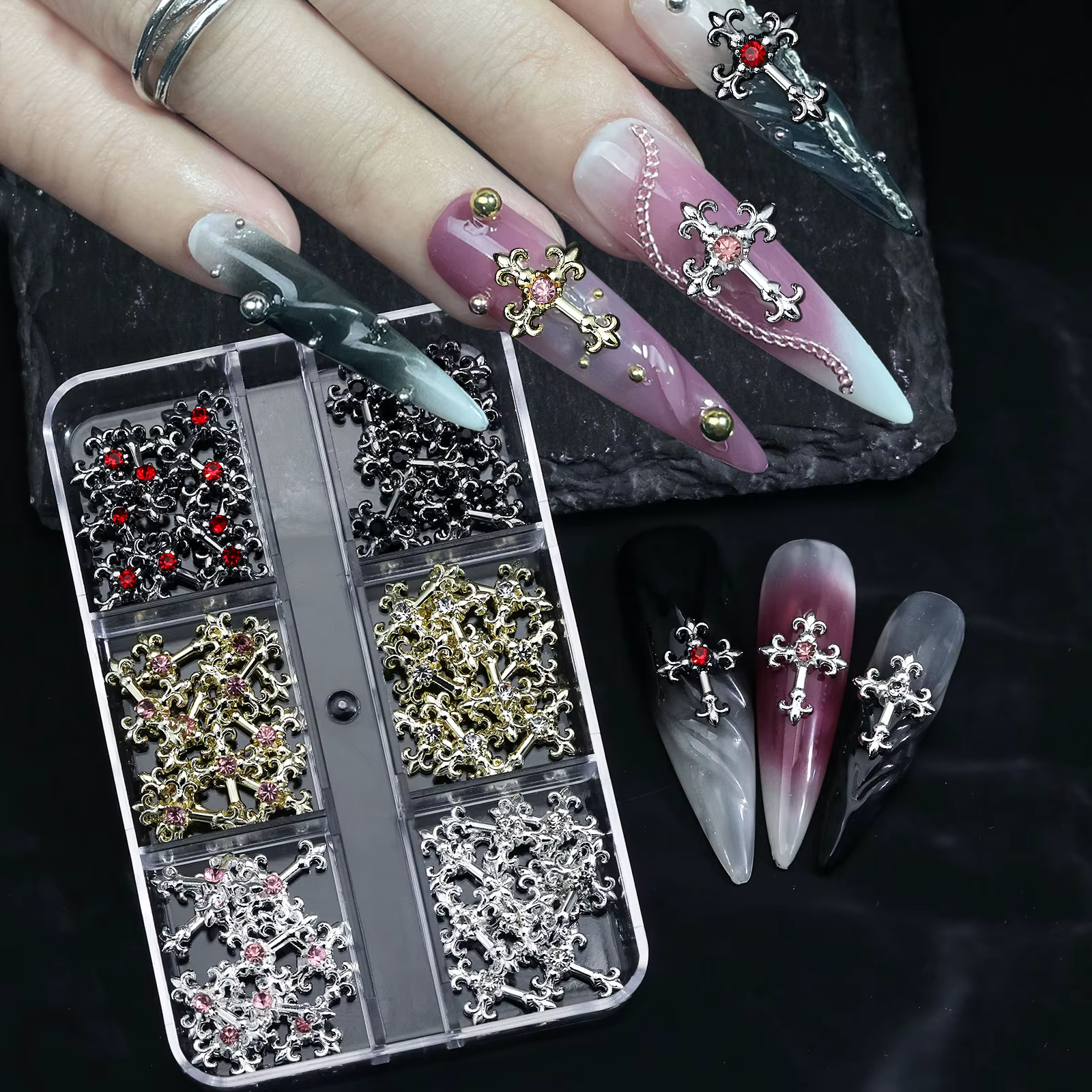 Strass en alliage rétro intégrés en zircon pour nail art, croix 3d Y2K, style gothique punk en métal