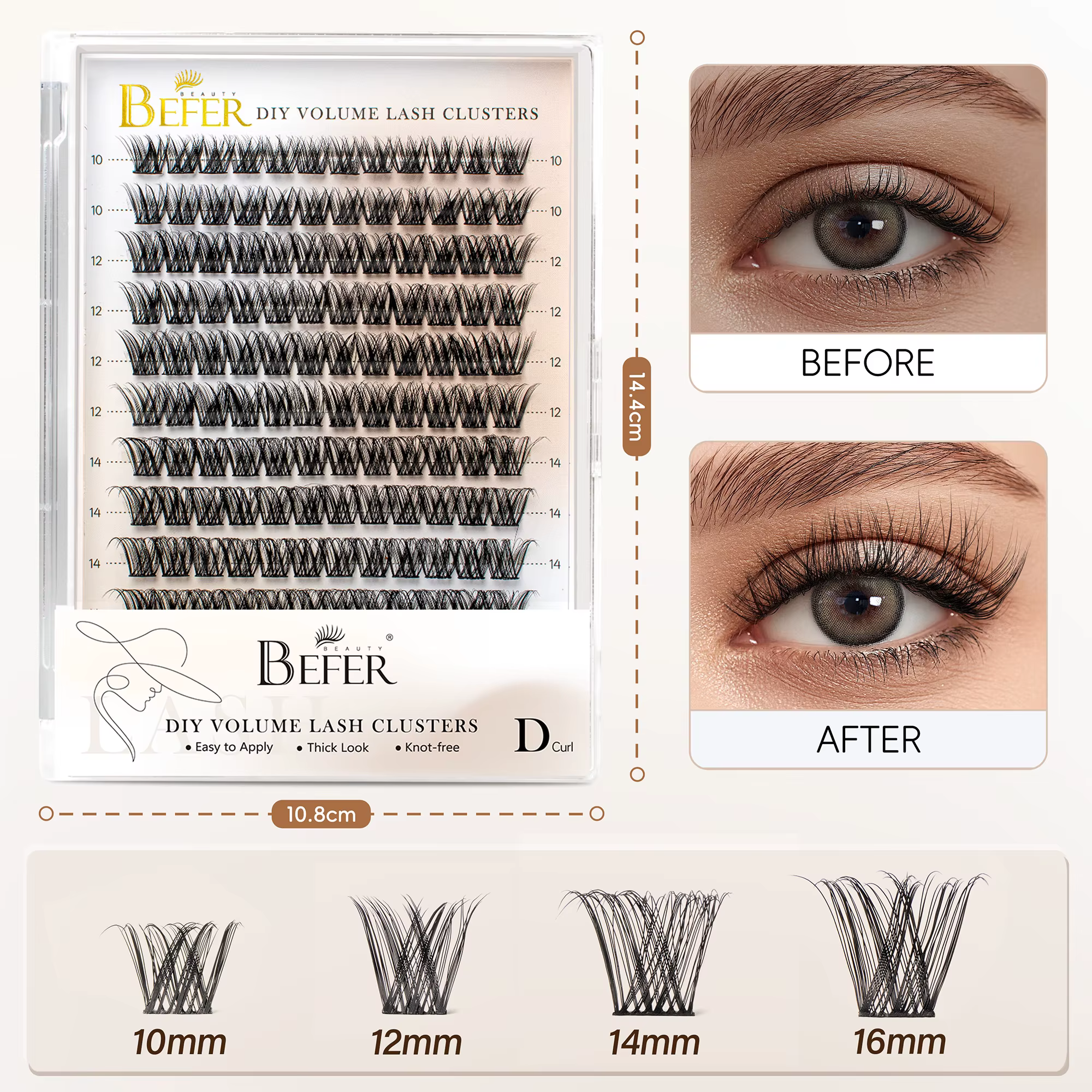 BEFER-Extensions de Faux-Cils Naturels Individuels, Volume Moelleux, Boucles D, DIY