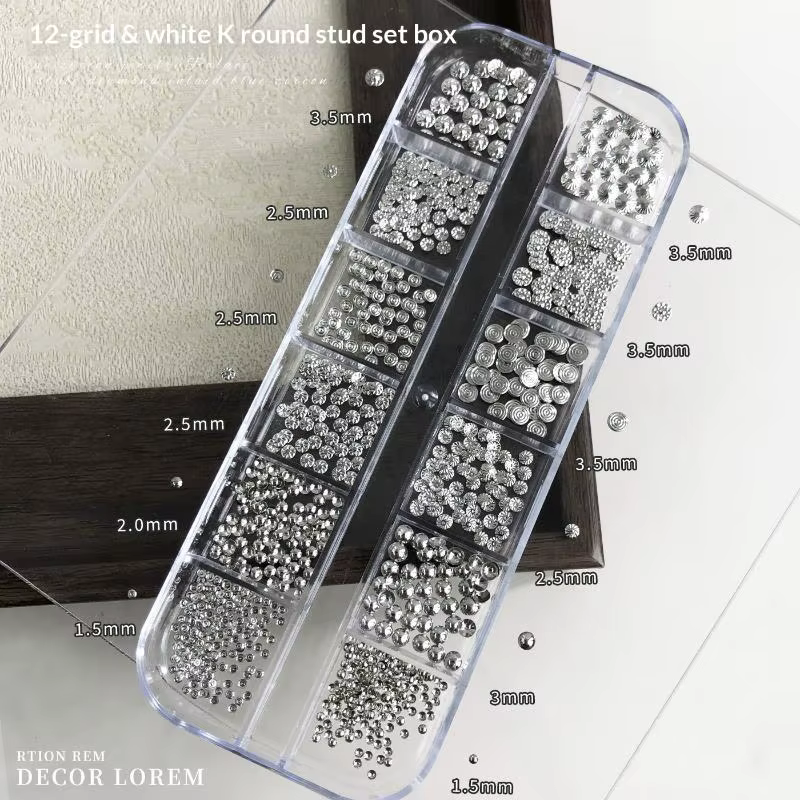 Nouveaux 12 compartiments de breloques et clous métalliques pour nail art, inspirés du style punk, a