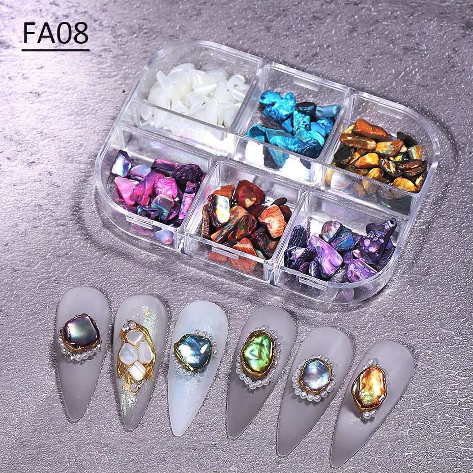 Flocons de coquillage d'ormeau, 6 grilles, décoration pour Nail Art, breloques 3D, Fragment de coqui
