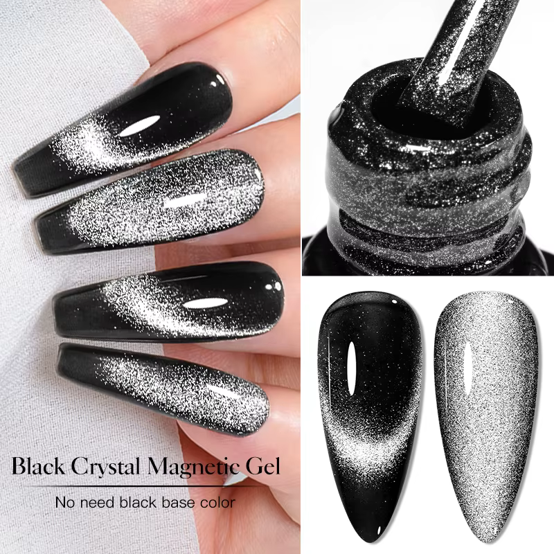 Vernis à ongles semi-permanent en gel magnétique noir cristal 7 ml, gel pailleté scintillant, gel UV