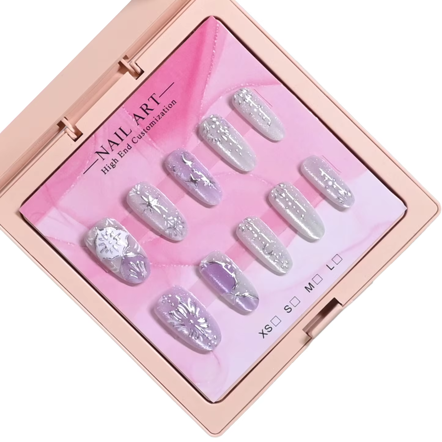 10 ongles de cercueil faits à la main dans une boîte cadeau rose. Base de vernis à ongles effet œil 
