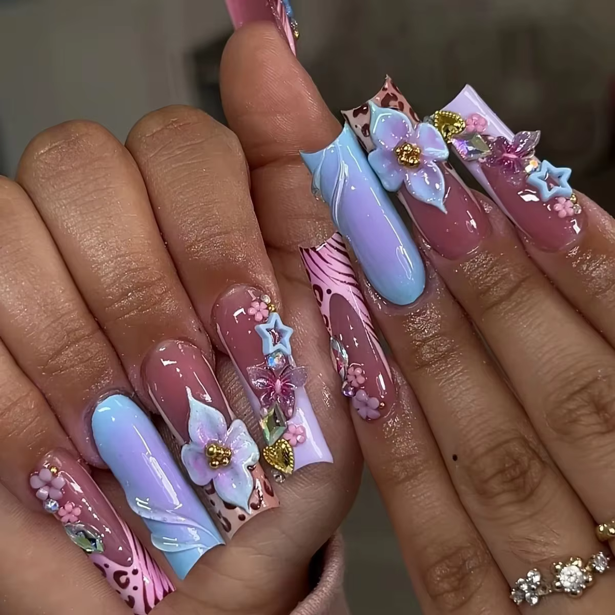 24 faux ongles à presser avec strass, motifs floraux, longs et carrés, en acrylique, style français,