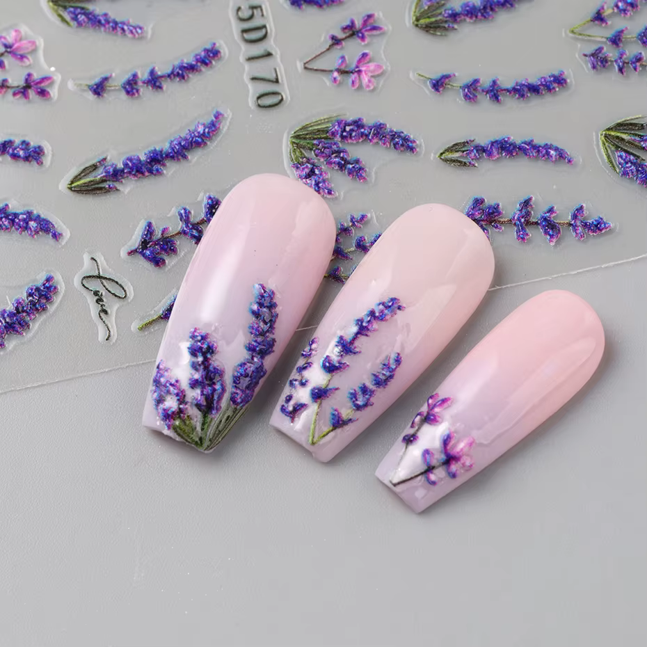 Autocollants pour ongles en relief 5D, 2 pièces, fleurs de lavande élégantes, fleurs lumineuses, aut