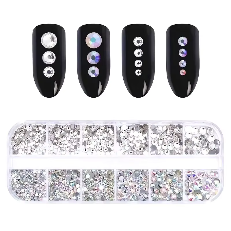 Boîte de strass 3D à dos plat pour ongles, gemmes en verre AB et cristal clair, Kit de breloques pou
