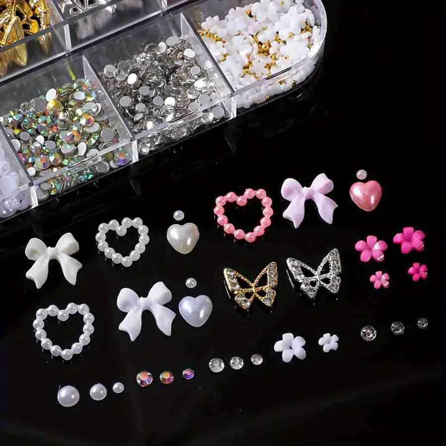 Strass pour ongles en alliage mixte, 12 grilles, nœud papillon, Mini fleur, gemmes, perles, cœur, dé