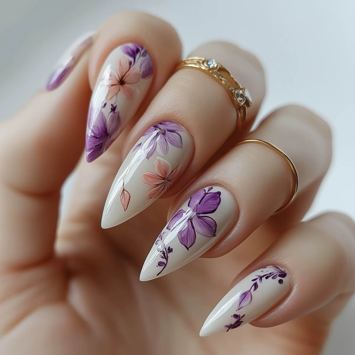 Faux ongles cercueil mi-longs, 24 pièces, pointe française blanche, ballerine à pression, imprimé fl
