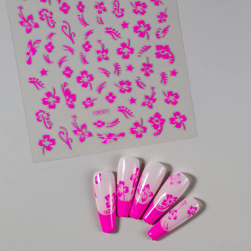 Autocollant 3D fleurs d'hibiscus pour ongles, 1 pièce, pétales de fleurs blancs et noirs, décalcoman