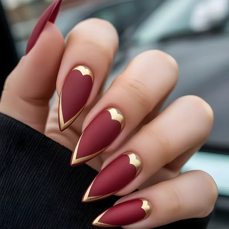 24 faux ongles texturés 3D plaqués or, manucure française bordeaux, ongles à presser de haute qualit