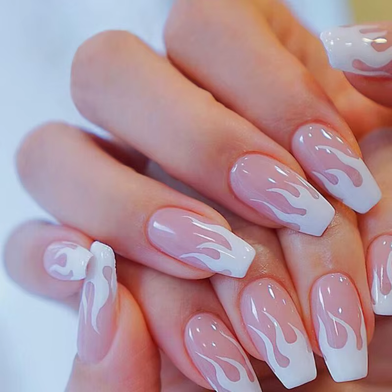 24 pièces/boîte charmant rose flamme longue Ballet faux ongles filles tête carrée couverture complèt