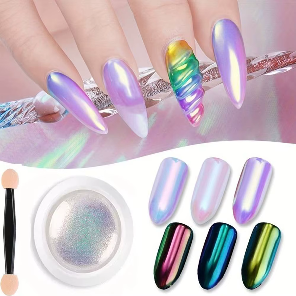 Poudre à ongles effet perle, 1 pot, miroir aurore chromé, sirène, poudre d'art pour ongles, arc-en-c