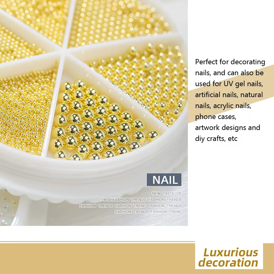 Petites perles de Caviar en acier pour Nail Art, 6 grilles, 0.8 à 1.5mm, taille mixte, Design 3D, or