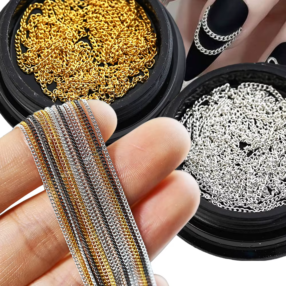 Chaînes de décoration en métal doré et argenté pour Nail Art, 100cm, 3D Punk, luxe, chaîne à paillet