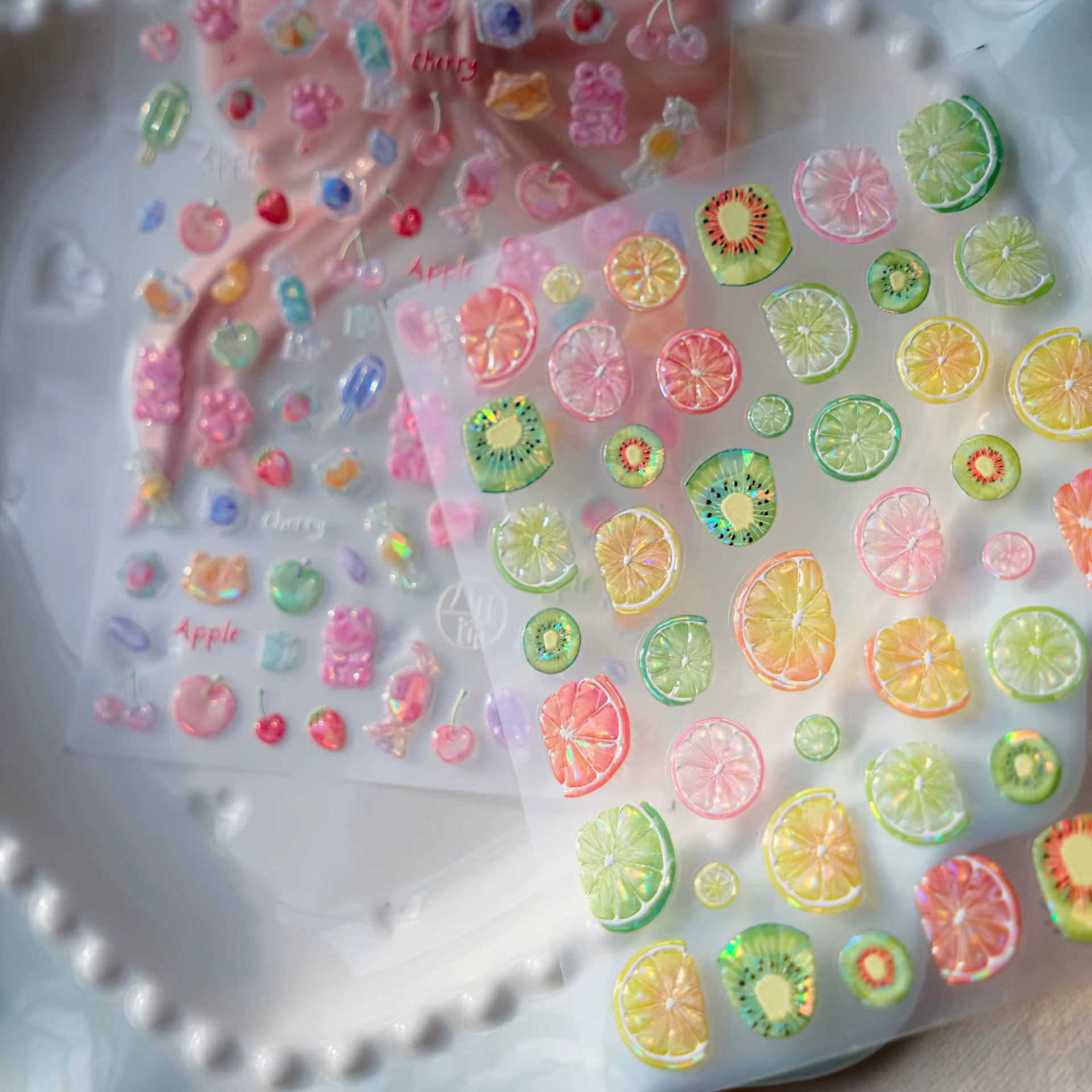 Autocollants pour ongles colorés en gelée de citron 5D, Fruits sucrés, dessin animé Calw Bear Candy,
