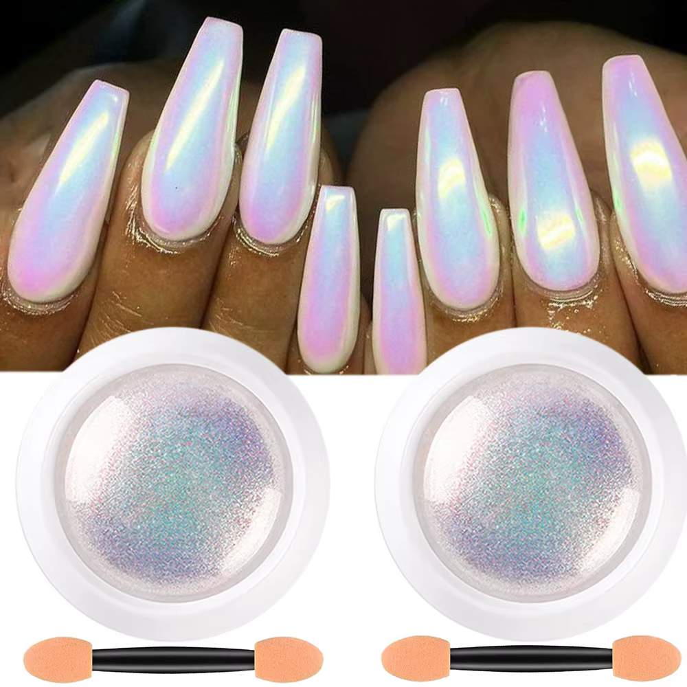 Poudre de vernis à ongles chromé, blanc perle, sirène, aurore, métallique, néon, arc-en-ciel, poussi