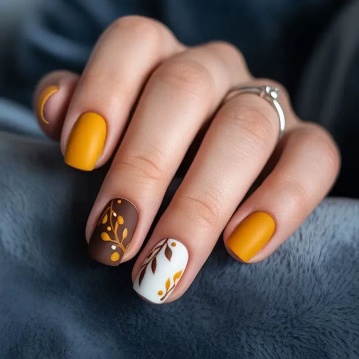 Un ensemble complet de 24 faux ongles carrés courts conçus avec des motifs de feuilles orange de sty