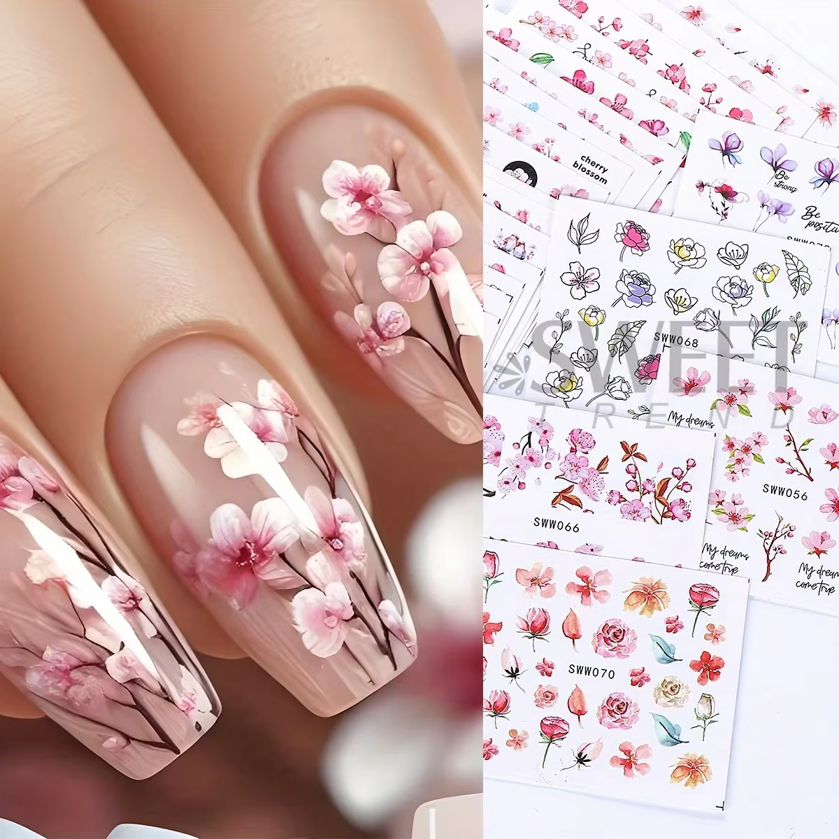 Autocollants à l'eau pour ongles, fleur de Sakura, fleurs de cerisier roses, feuille florale, concep
