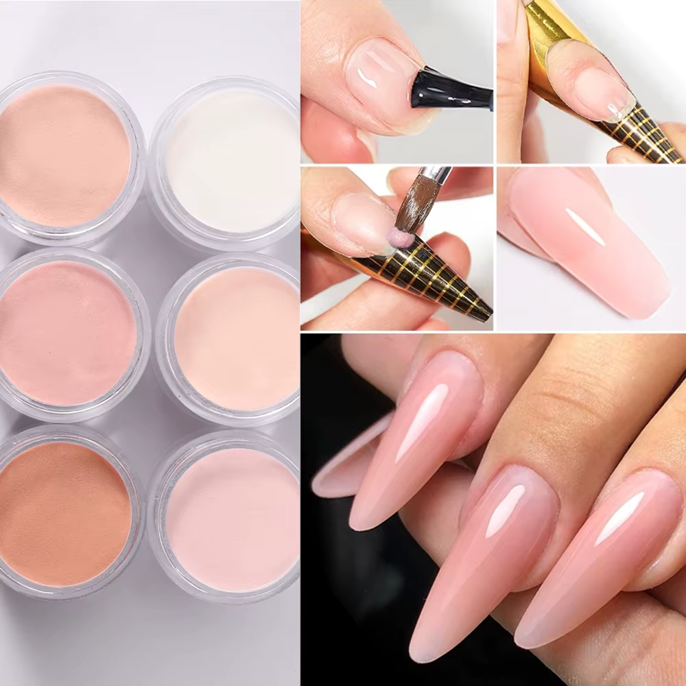 Poudre acrylique professionnelle, 6 couleurs/ensemble, rose clair, blanc, Nude, polymère pour Extens