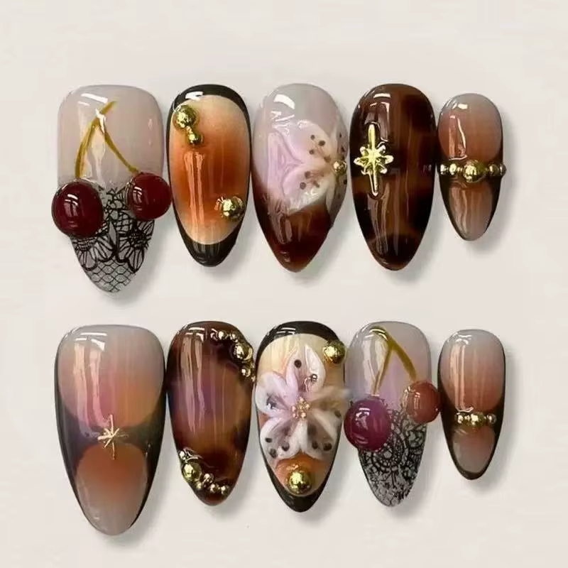24 faux ongles à presser, motif cerise et strass, style français amande, faux ongles européens à cou
