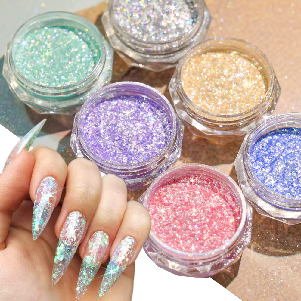 Poudre à ongles opale dorée Super brillante, paillettes de sirène, flocons irisés ultra-fins, paille
