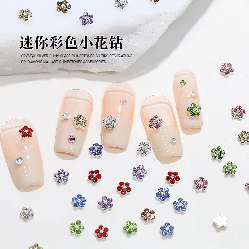 Mini poils de diamants scintillants colorés, fleur de prunier, 5 pétales de fleurs, strass pour Nail