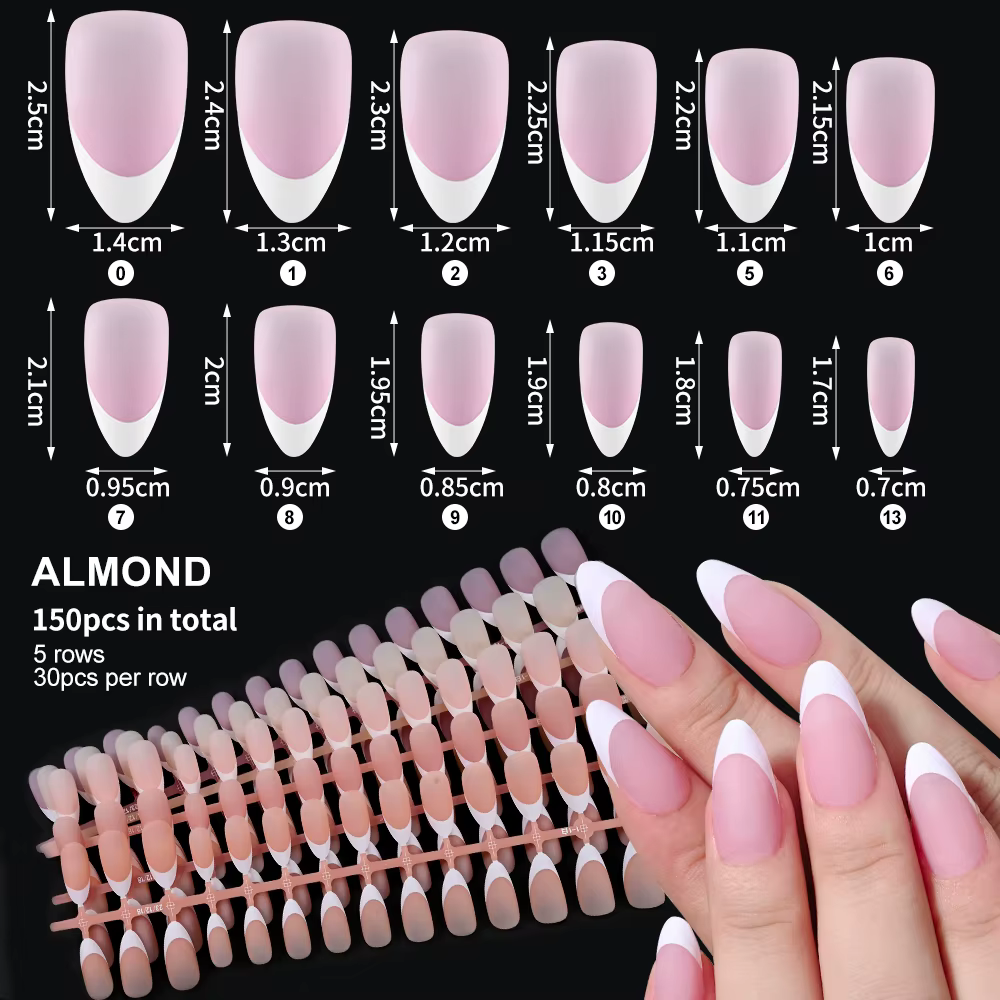150 pièces faux ongles français pré-fabriqués cercueil sans cicatrice amande faux ongles ongles arti