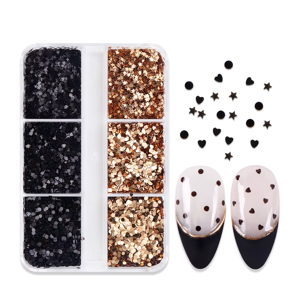Noir or à pois Nail Art paillettes Paillettes Vintage manucure Paillettes bulle étoiles coeurs forme