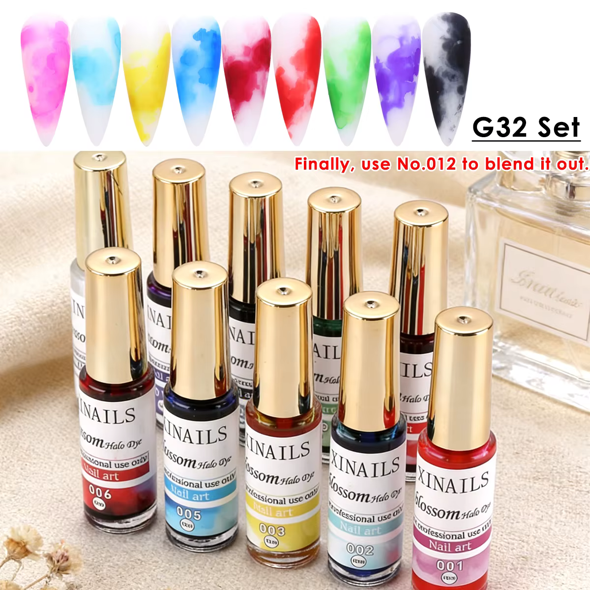 Lot de 10 vernis à ongles gel 10 ml effet marbré et aquarelle, style fleurs éclatantes, encre à diss