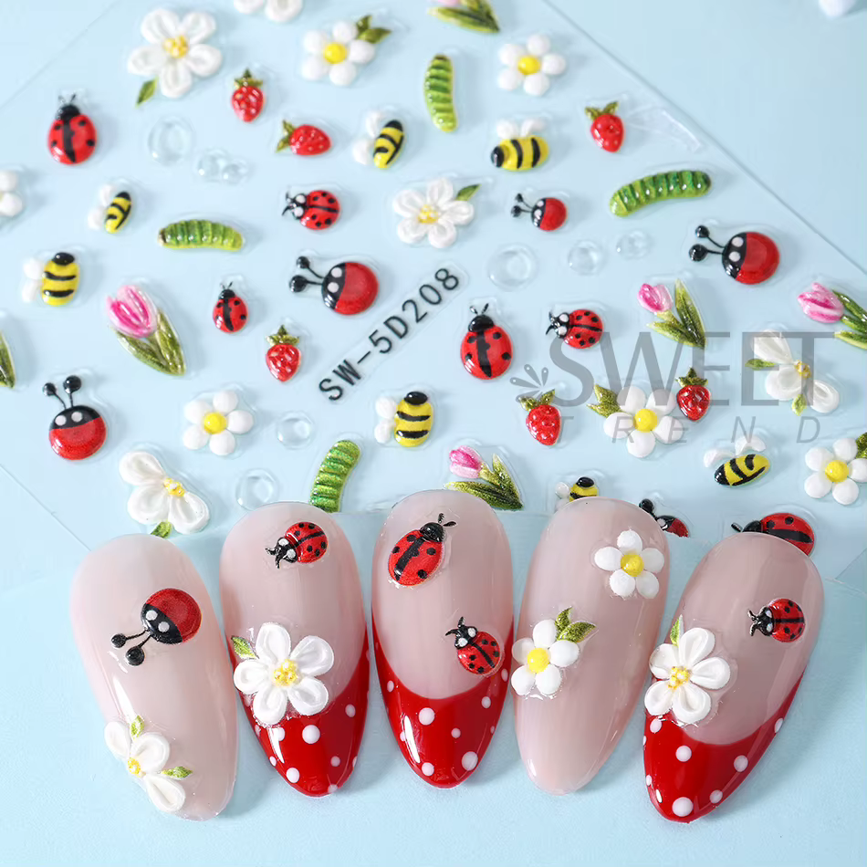Autocollants pour ongles en relief, 1/2 pièces, motifs floraux printemps-été, abeille, coccinelle, i
