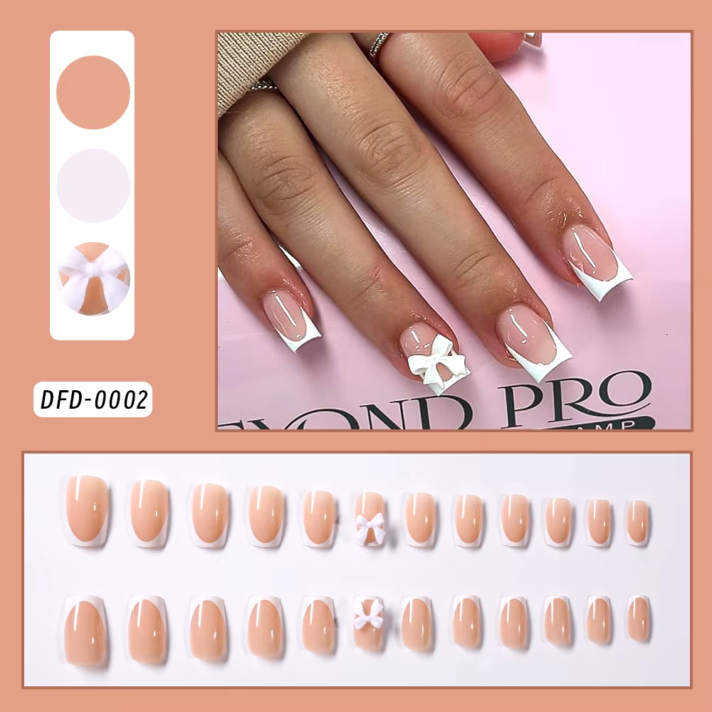 24 pièces blanc français presse sur ongles 3D arc conception couverture complète portable faux ongle