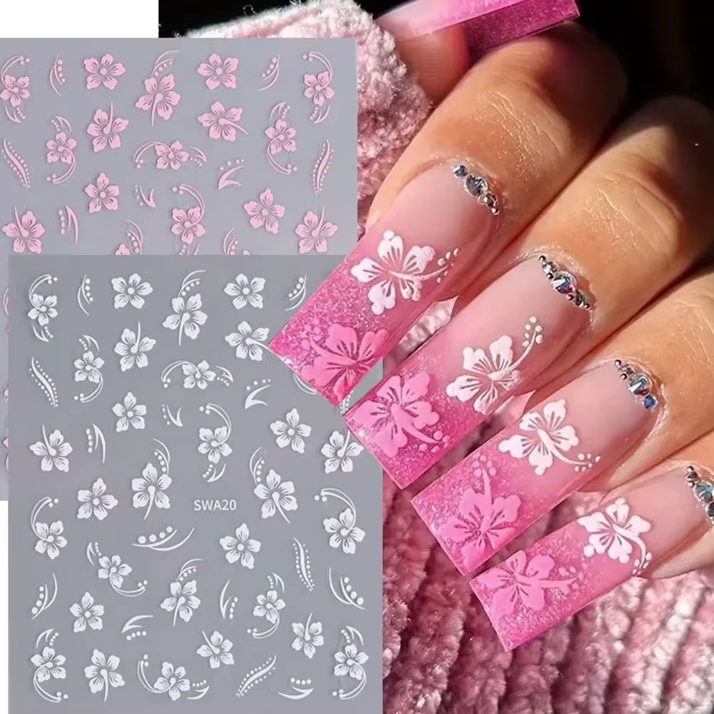 Autocollant en relief pour ongles, fleur d'hibiscus 5D, fleur en dentelle, pétale blanc rose, Floral