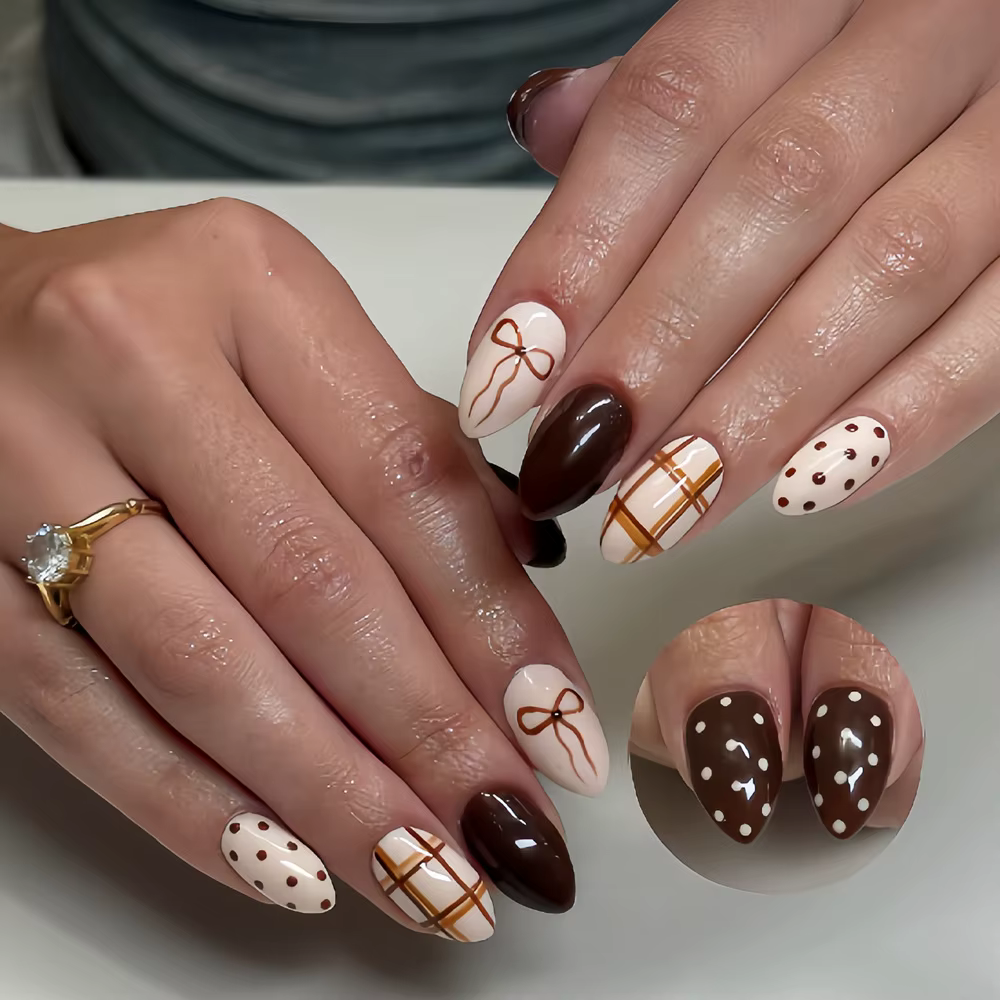 Faux ongles épicés en amande pour filles, 24 pièces, à pression française, à pois/rayons imprimés, b