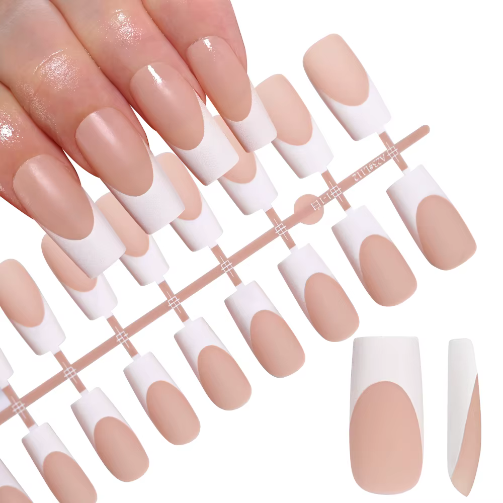 120 faux ongles français carrés moyennement longs en acrylique, à couverture complète, à presser, po