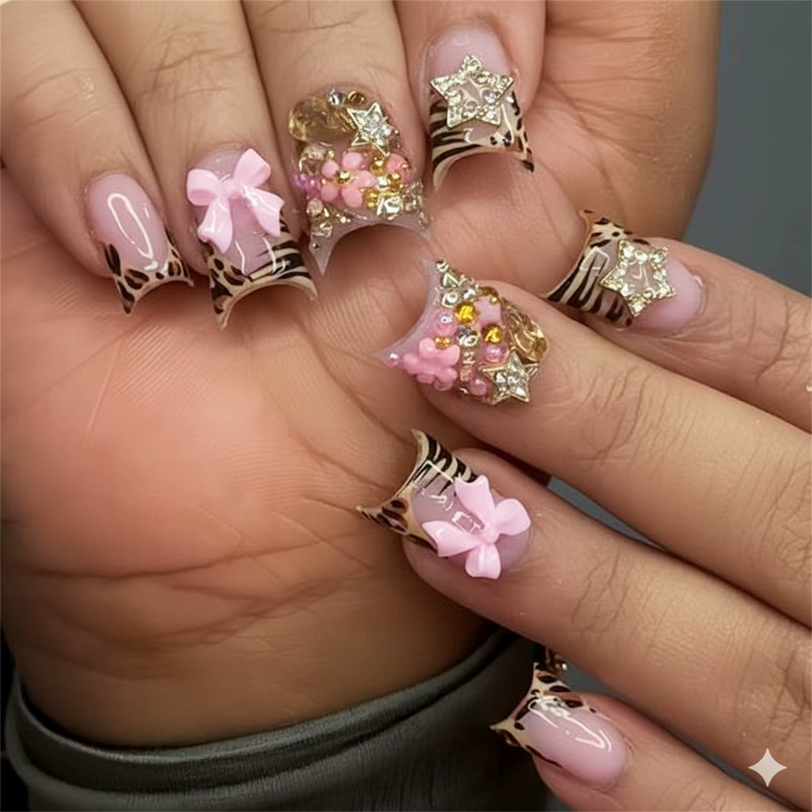 24 pièces nu rose doux faux ongles court bec de canard imprimé léopard français faux ongles avec nœu