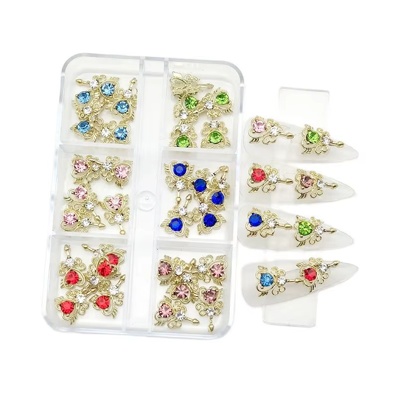 6 compartiments de strass pour ongles, breloques croix planète Saturne, bijoux de luxe pour ongles,