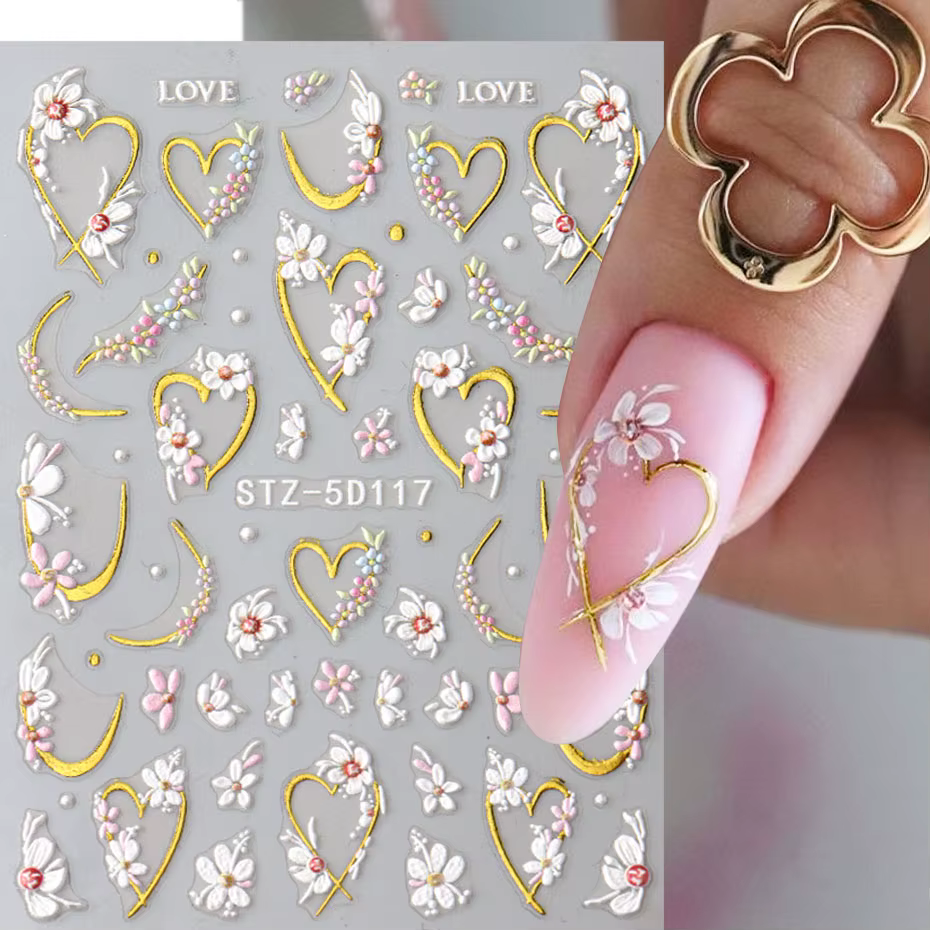 5D en relief Kawaii Floral or ligne curseurs printemps fleurs blanches ongles autocollants bricolage