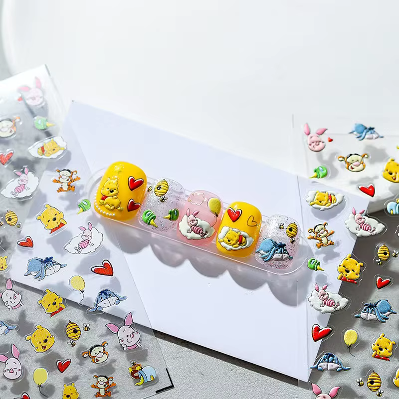 Autocollants pour ongles en relief 5D, nouveau dessin animé Disney Winnie l'ourson, autocollants à p
