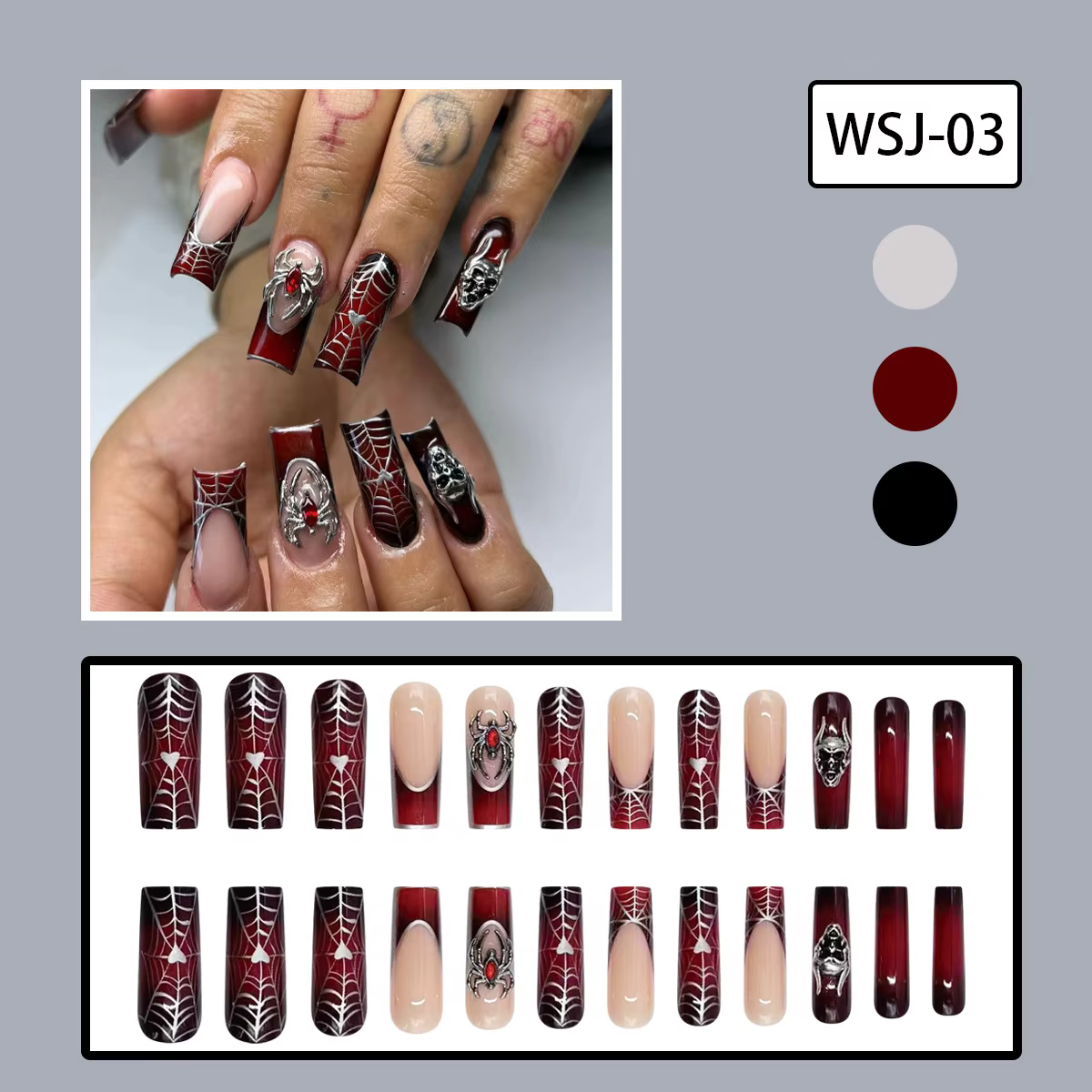 24 pièces français noir presse sur ongles Style Punk 3D araignée crâne conception faux ongles noir r