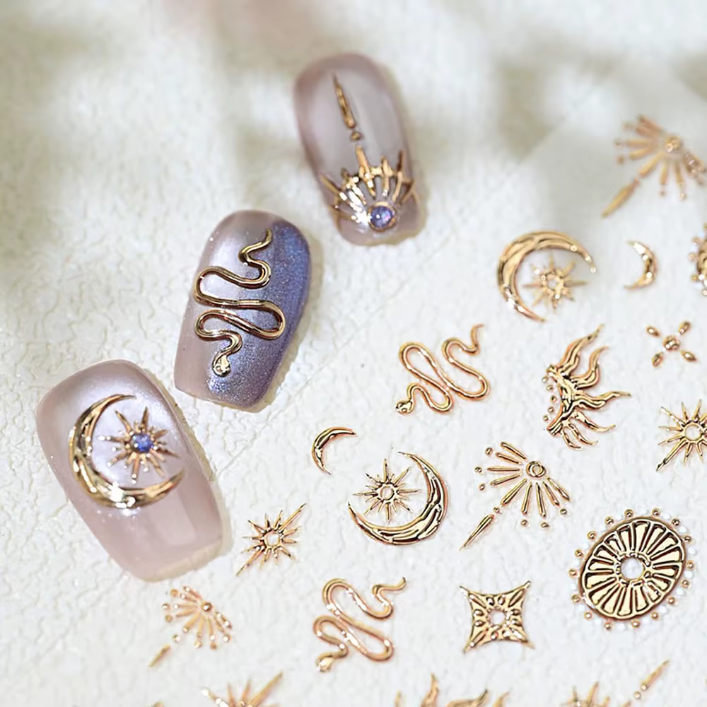 Autocollants pour ongles étoiles serpent or argent, décalcomanies de décoration d'ongles 5D auto-adh