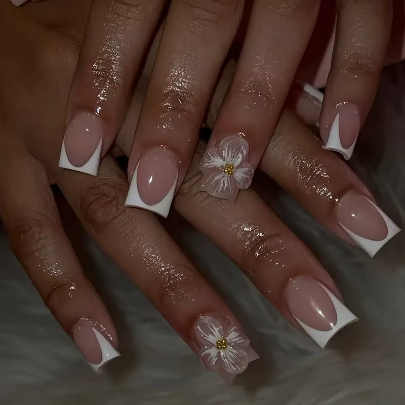 24 pièces de faux ongles simples, motifs floraux, carrés, faux ongles français courts, ballet, à pre