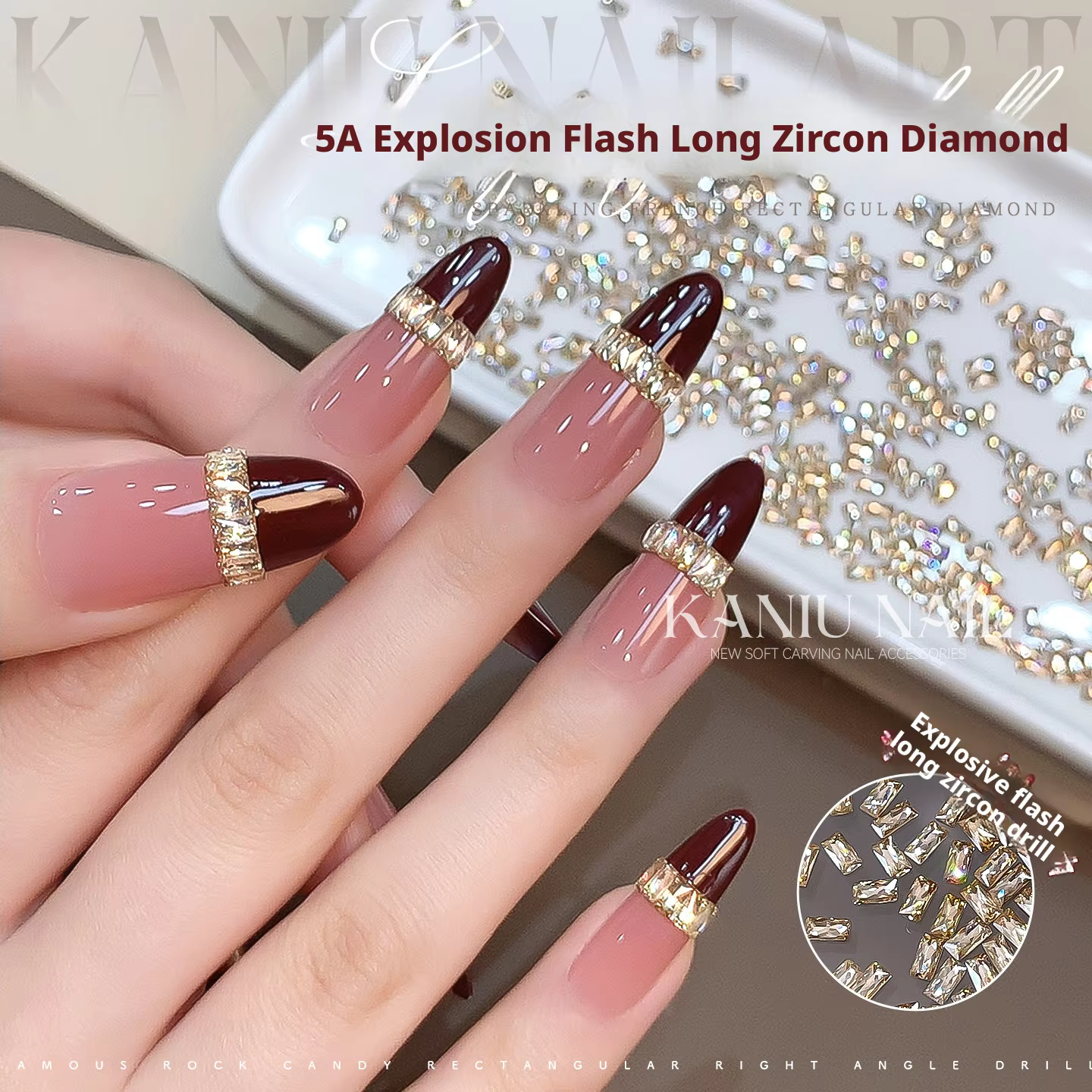 KANIU Champagne ongles rectangulaires zircon blanc transparent 5A clou cristal diamant français rayé