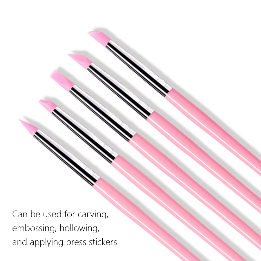 Brosse à ongles en Silicone, 5 pièces/ensemble, sculpture, gaufrage, Gel creux façonnant, stylo rose