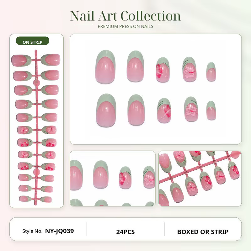Ongles à presser verts menthe avec petites fleurs rouges, forme ovale nude, populaires en Europe et 