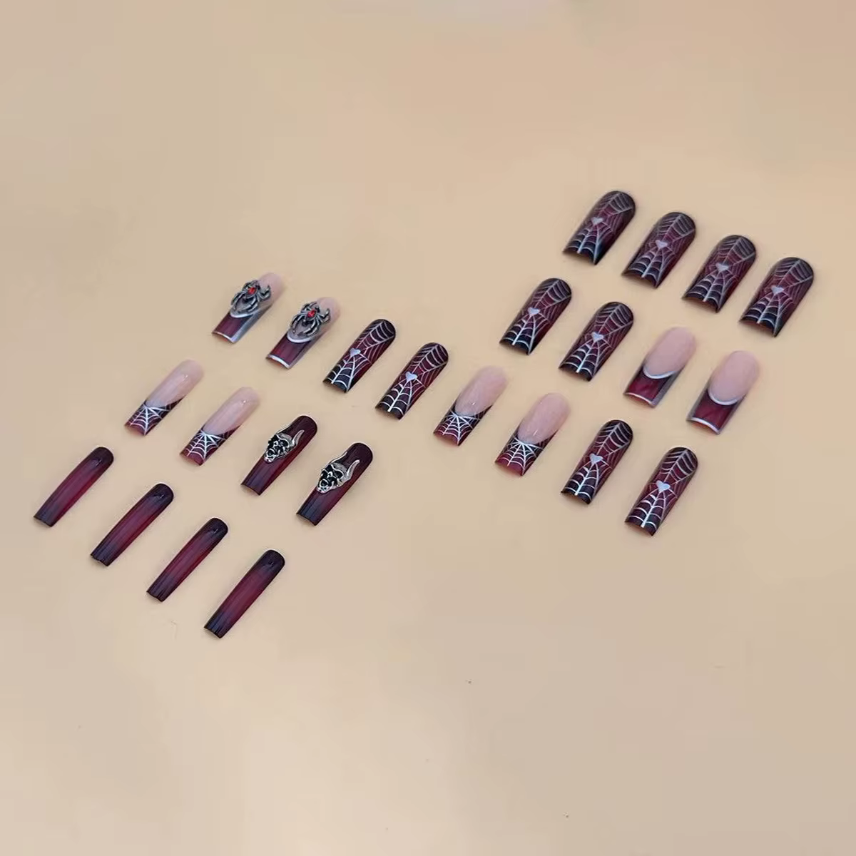 24 pièces français noir presse sur ongles Style Punk 3D araignée crâne conception faux ongles noir r