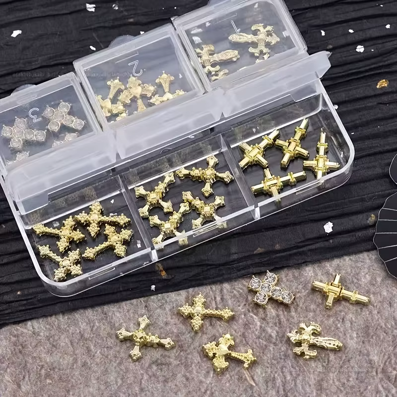 30 pièces par boîte, accessoires pour ongles en forme de croix or et argent, diamants pour ongles st