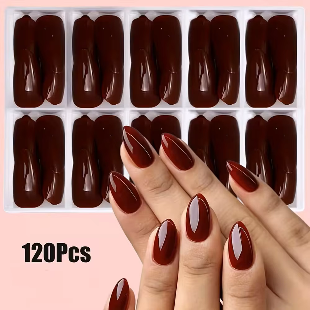 Faux ongles à presser rouge bordeaux brillants, forme amande, couvrance totale, courts, couleur unie