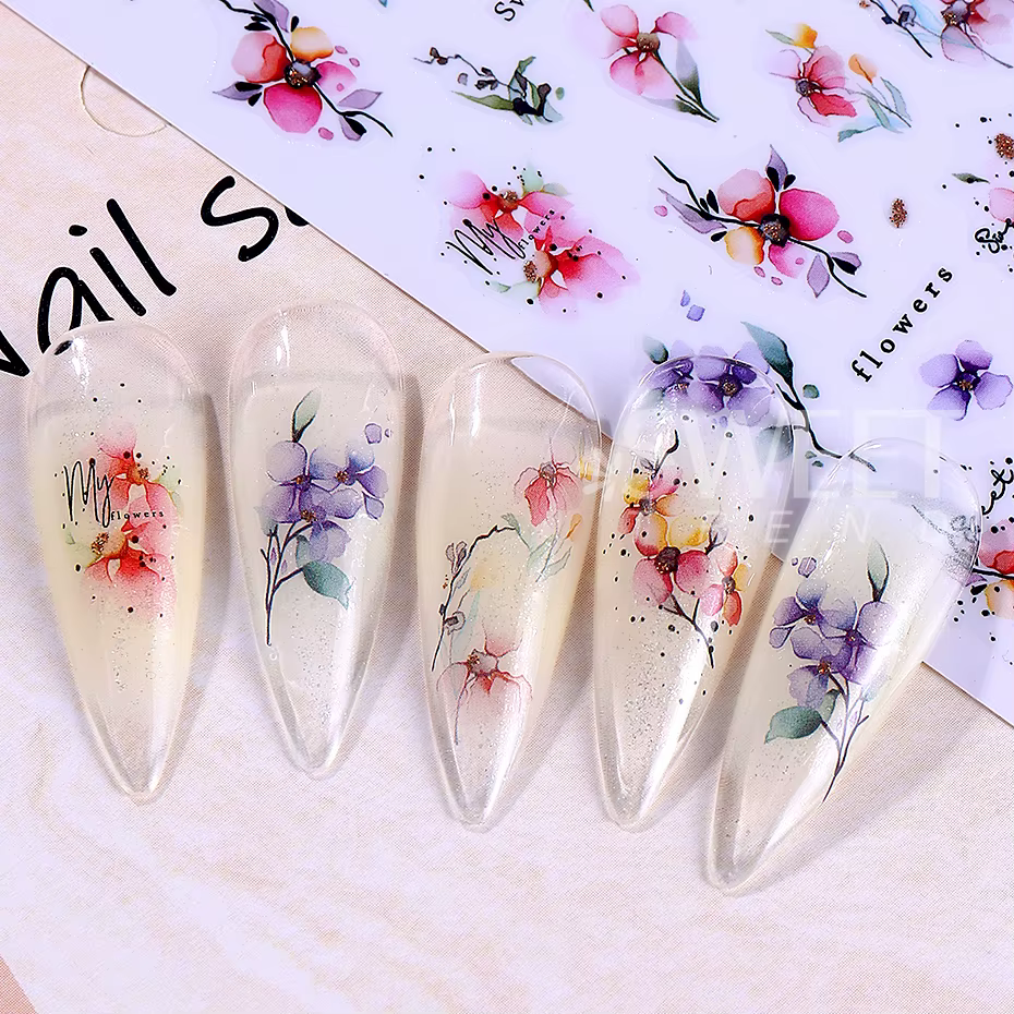 Autocollants pour ongles, 12 pièces, géométrie 3D, feuille de fleur, encre d'été, fleurs en fleurs, 