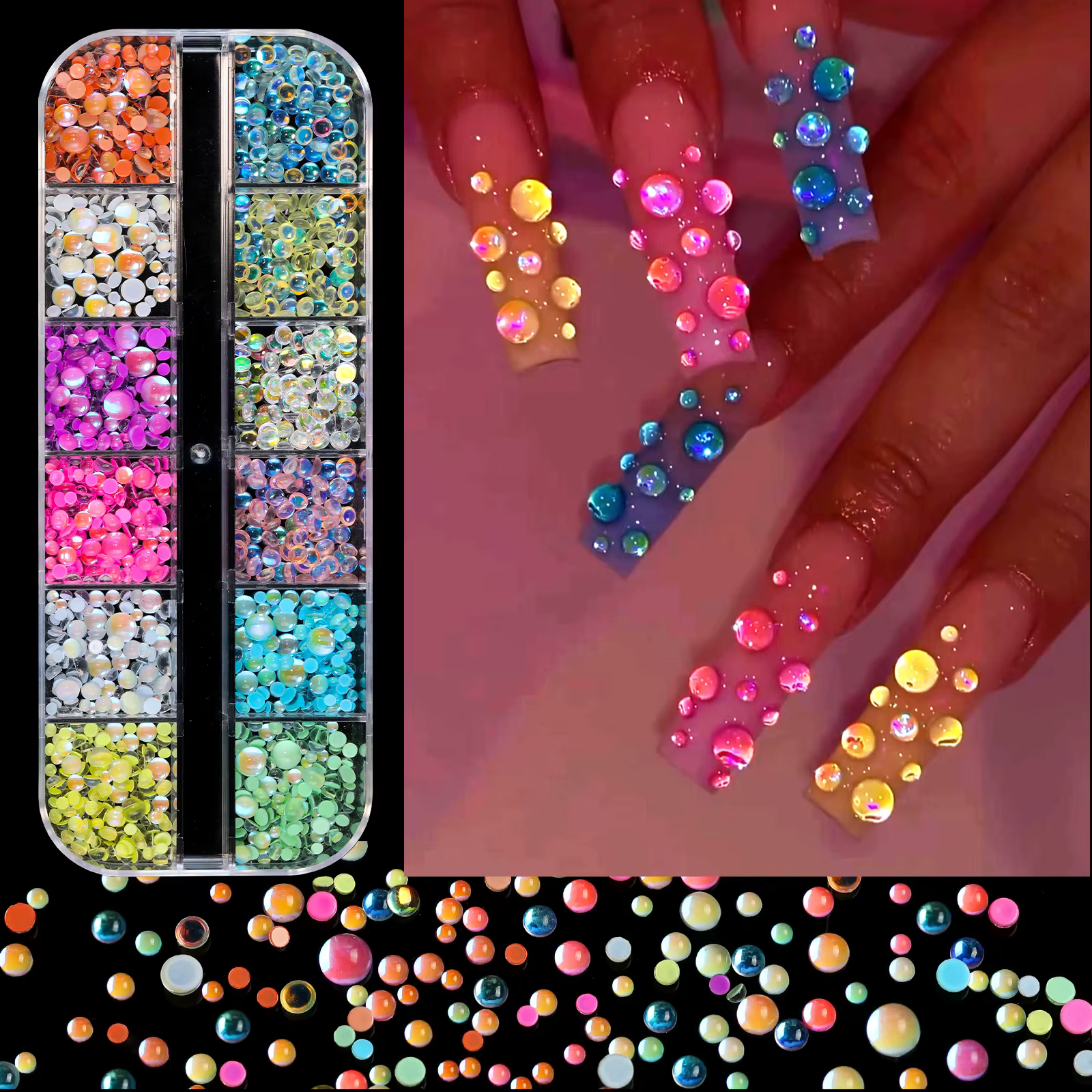 12 grilles de perles à ongles sirène 3D, breloques à ongles demi-rondes AB de couleurs mélangées, ge